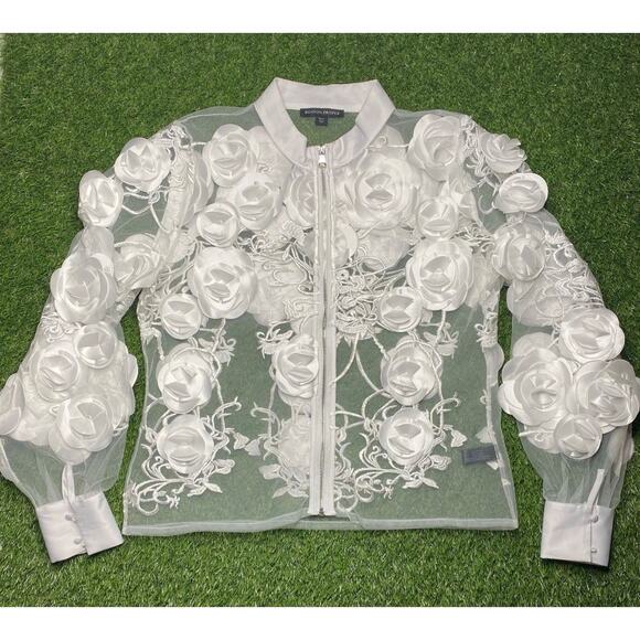 Boston Proper Sheer White Floral Zip-Front Top – M Sexy Luxe Blouse - Picture 3 of 11